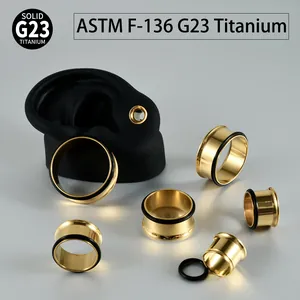 Écarteurs d'oreilles creux en titane G23 doré, tunnels à simple évasement