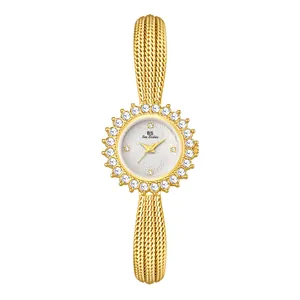 Elegante reloj dorado para mujer con bisel de flores de cristal y correa de malla