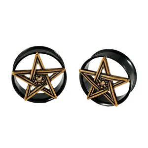 Túneles para oreja de acero inoxidable negro con pentagrama vintage plugs 8-25mm