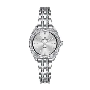 Elegante reloj de cuarzo plateado para mujer con bisel de diamantes de imitación