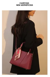 Elegant women's burgundy handbag with silk scarf, large capacity shoulder crossbody bag.