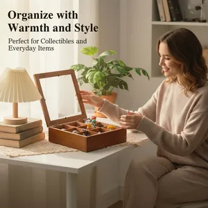 Close-up of a wooden retro storage box with 9 compartments in a cozy home setting