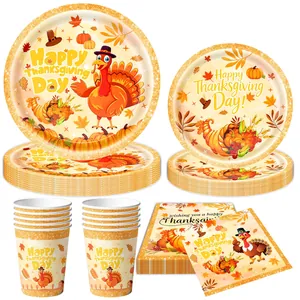 Thanksgiving party tableware set featuring cartoon turkey and autumn maple leaves