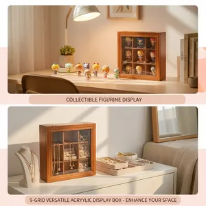 Versatile 9-grid vintage wooden display box for collectibles and jewelry desk storage