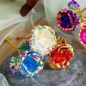 Detailed close-up showing the vibrant holographic iridescent petals of gold foil roses