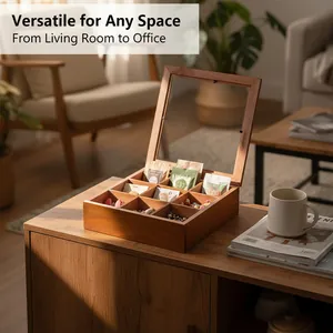Detail view of retro wooden storage box with glass lid and compartments in living room