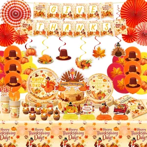 Comprehensive Thanksgiving turkey party decoration set with plates, cups, and festive banners