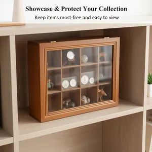 Detailed scene showing the vintage wooden 12-compartment display box for collection