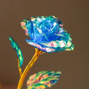Detailed close-up of iridescent blue gold foil rose flower gift for Valentine's Day