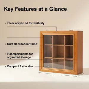 Vintage wooden storage box with 9 compartments and clear acrylic lid for organization