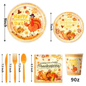 Thanksgiving party supplies set with detailed measurements of plates, cups, and napkins.