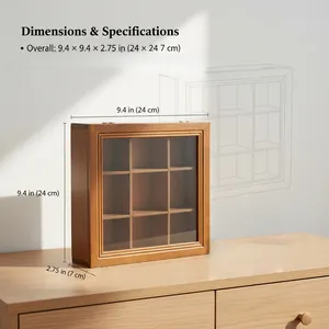 Detail view of wooden 9-grid display box with dimensions 9.4x9.4x2.75 inches