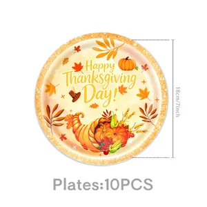 Detailed view of 7-inch Thanksgiving disposable paper plates with harvest design, 10PCS set.