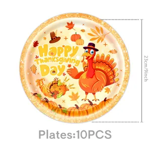 Disposable Thanksgiving turkey paper plates with 23cm diameter and 10pcs pack details.