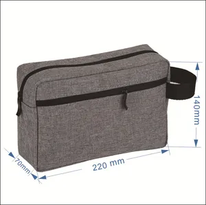 Grey Oxford fabric toiletry organizer bag with zippers and size dimensions: 220x140x70 mm.