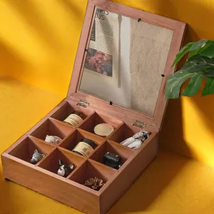 Vintage Wooden Storage Box With 9 Compartments Flip-top Desktop Organizer 9-Grid Wood Box For Jewelry Tea Mooncake Gift Box