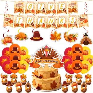 Comprehensive Thanksgiving party decorations set featuring turkey cake topper banners and balloons