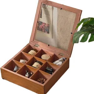 Vintage wooden nine-grid storage box with transparent lid for organized desk storage