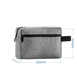 Waterproof grey Oxford cloth electronic digital storage and toiletry bag with dimensions.