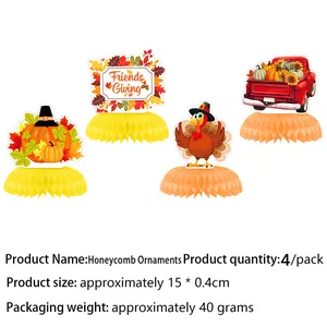 Detailed view of Thanksgiving honeycomb ornaments with size and weight specifications.