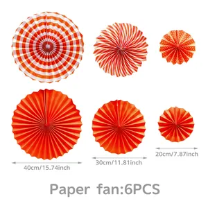 Size specifications for 6PCS orange paper fans with stripe and dot patterns for party