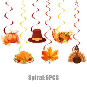 Set of 6 Thanksgiving spiral hanging decorations with turkey and pumpkin motifs