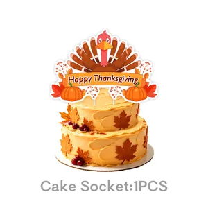 Thanksgiving turkey cake topper with maple leaves and pumpkins for party decoration