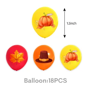 18pcs Thanksgiving themed balloons set including pumpkin and maple leaf designs, 12 inches