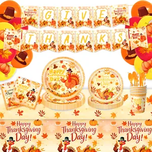 Thanksgiving Disposable Tableware Party Decoration Turkey Maple Leaf Pumpkin Paper Plates Cups Napkins For Autumn Harvest Gathering Festive Supplies