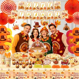 Full Thanksgiving turkey party supplies set with maple leaf plates cups and banners