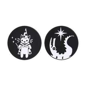 Dark magic theme round metal badges featuring wizard cat and celestial star designs
