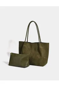 Large capacity retro olive green faux suede tote bag with a matching zipper pouch set