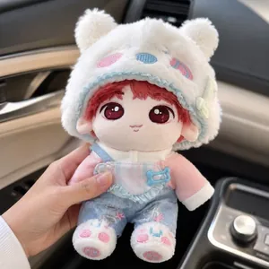 Ensemble Vêtements Poupée en Coton 20cm Thème Samoyède Bonnet Peluche Blanc Chemise Rose Salopette Denim Bleu Accessoire