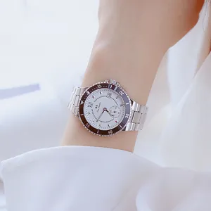 Elegante reloj multifunción BS para mujer de acero inoxidable con esfera blanca en la muñeca