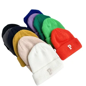Assorted colorful ribbed knit beanie hats with stylish letter P embroidery detail