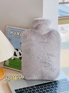 Detailed view of light grey plush faux rabbit fur hot water bottle cover for winter warmth
