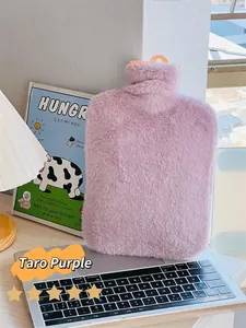 Soft taro purple plush hot water bottle cover with cozy fur texture for winter warmth