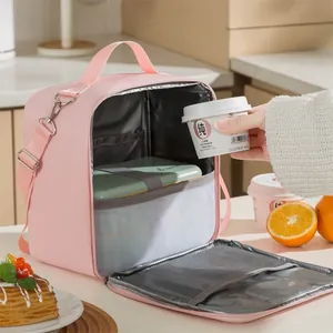 Borsa termica rosa di grande capacità con tracolla per il pranzo di lavoro