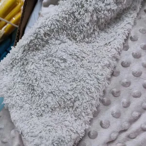 Gros plan sur la texture d'une couverture réversible en polaire et minky grise