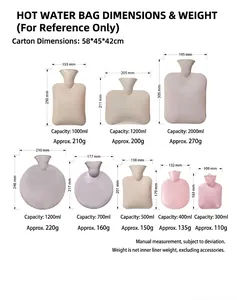 Comparison chart of hot water bottles with different capacities from 300ml to 2000ml