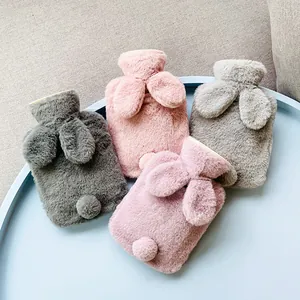 Cute Rabbit Ear Faux Fur Hot Water Bag Soft Plush Cover High Density PVC Hand Warmer For Winter Stomach Waist Relief Pain Heat Therapy