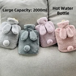2000ml large capacity plush hot water bag with cute rabbit ears and tail for winter