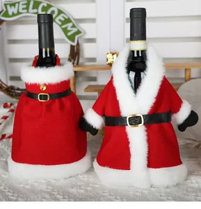 Detailed view of Santa-themed wine bottle dress and coat covers for festive tables.