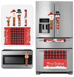 Christmas refrigerator handle covers and towel set with Santa and Snowman designs.