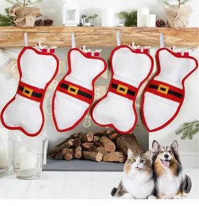 Bone shaped pet Christmas stockings hanging on a rustic fireplace for holiday decor