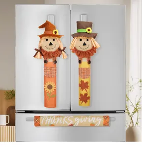 Three-piece Thanksgiving scarecrow refrigerator handle covers with festive motifs