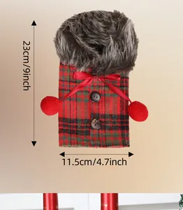 Festive plaid wine bottle cover with red bow and faux fur collar, 23x11.5cm size