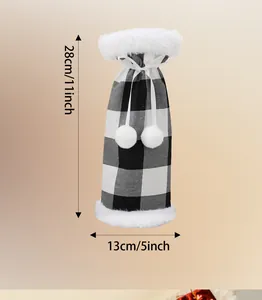 Detail view of black and white plaid wine bottle cover with size measurements