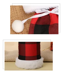 Close-up detail of red and black buffalo plaid Christmas wine bottle cover with faux fur trim