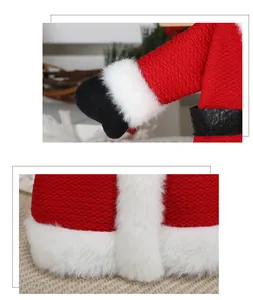 Detail of Christmas wine bottle cover with red knit fabric and white faux fur trim.